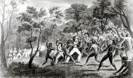 Angrep av de innfødte på Gambierøyene, gravert av Edward Finden, 1831